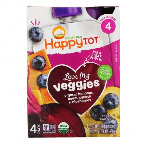 Happy Family Organics, Happy Tot, Stage 4, Love My Veggies, органические бананы, свекла, тыква и голубика, 4 пакетика по 120 г (4,22 унции) в Москве - eco-herb.ru | фото