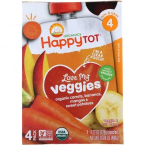 Happy Family Organics, Обожаю свои овощи из серии Счастливый карапуз, органическая фруктово-овощная смесь c морковью, бананом, манго и бататом, 4 пакета по 4,22 унции (120 г) в Москве - eco-herb.ru | фото