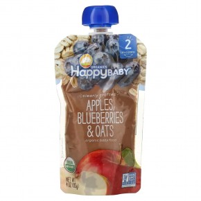 Happy Family Organics, Органическое детское питание, этап 2, для детей от 6 месяцев, яблоки, черника и овес, 113 г (4 унции) - описание