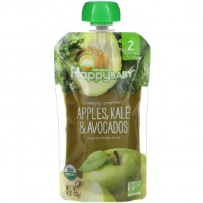Happy Family Organics, органическое детское питание, этап 2, для детей старше 6 месяцев, яблоко, листовая капуста и авокадо, 113 г (4 унции) - описание