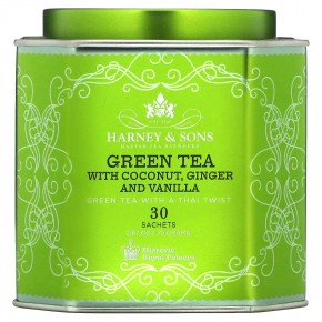 Harney & Sons, зеленый чай с кокосом, имбирем и ванилью, 30 пакетиков, 75 г (2,67 унции) - описание
