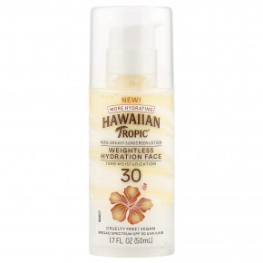 Hawaiian Tropic, Silk Hydration, Weightless Face, невесомый солнцезащитный лосьон для лица без масел, SPF 30, 50 мл - описание | фото