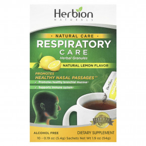 Herbion Naturals, Respiratory Care, травяные гранулы, натуральный лимон, 10 пакетиков по 5,4 г (0,19 унции) - описание | фото