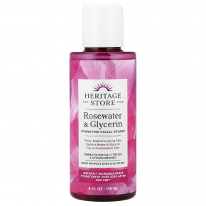 Heritage Store, увлажняющий спрей для лица, для сухой и комбинированной кожи, розовая вода и глицерин, 118 мл (4 жидк. унции) - описание | фото