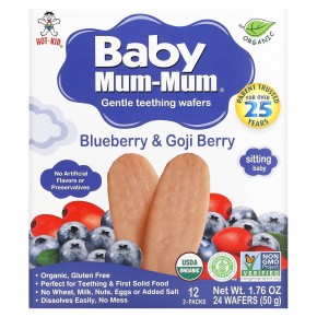Hot Kid, Baby Mum-Mum, вафли для мягкого прорезывания зубов, голубика и ягоды годжи, 12 пакетиков, по 2 шт. - описание