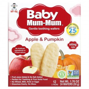 Hot Kid, Baby Mum-Mum, вафли для мягкого прорезывания зубов, яблоко и тыква, 12 пакетиков, по 2 шт. - описание