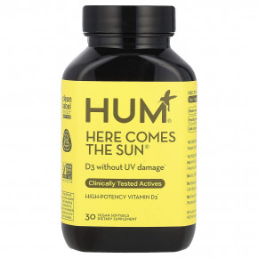 HUM Nutrition, Here Comes The Sun®, высокоэффективный витамин D3, 30 веганских капсул (50 мкг в 1 капсуле) - описание | фото