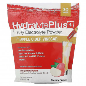 Hydralyte Plus+, шипучий электролитный порошок, со вкусом яблочного уксуса, 30 пакетиков по 7 г (0,24 унции) - описание | фото