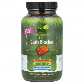 Irwin Naturals, 3-in-1 Carb Blocker, блокатор углеводов 3-в-1, максимальный эффект, 150 желатиновых капсул - описание | фото