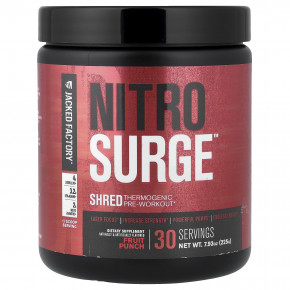 Jacked Factory, Nitro Surge™, термогенный предтренировочный комплекс Shred, со вкусом фруктового пунша, 209 г (225 г) - описание | фото