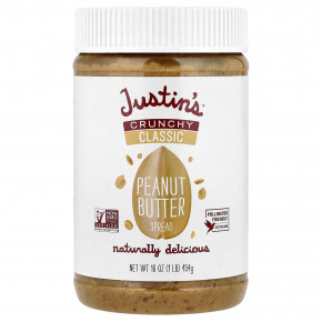 Justin's Nut Butter, классическая арахисовая паста, хрустящая, 454 г (16 унций) в Москве - eco-herb.ru | фото