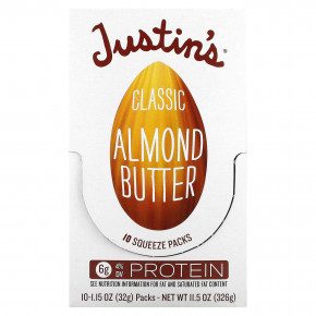 Justin's Nut Butter, Классическое миндальное масло, полностью натуральное, 10 пакетиков, 1.15 унций (32 г) /шт. - описание | фото