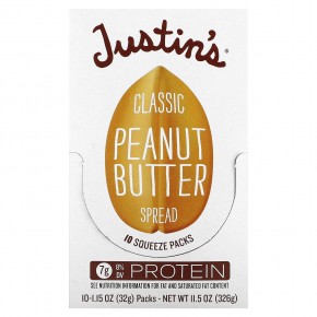 Justin's Nut Butter, Классическое арахисовое масло,  10  пакетиков, 1,15 унций (32 г) в упаковке в Москве - eco-herb.ru | фото