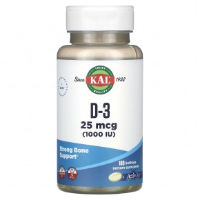 KAL, D-3, 25 мкг (1000 МЕ), 100 мягких таблеток - описание