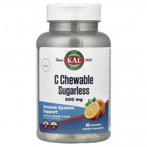 KAL, жевательная добавка C без сахара, натуральный апельсиновый вкус, 60 жевательных таблеток - описание | фото