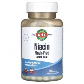 KAL, Ниацин, без смыва, 500 мг, 120 вегетарианских капсул - описание