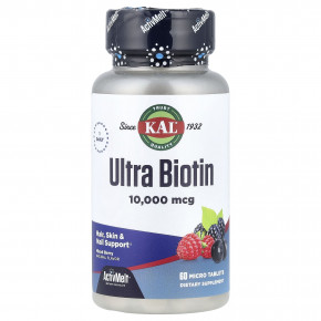 KAL, Ultra Biotin, ActivMelt™, биотин, со вкусом ягодного ассорти, 10 000 мкг, 60 микротаблеток - описание | фото