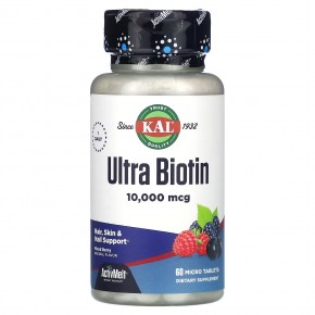 KAL, Ultra Biotin, ActivMelt, биотин, со вкусом ягодного ассорти, 10 000 мкг, 60 микротаблеток в Москве - eco-herb.ru | фото
