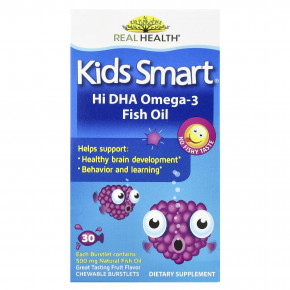 Kids Smart®, рыбий жир с омега-3 и высоким содержанием ДГК, с фруктовым вкусом, 30 жевательных лопающихся капсул - описание | фото