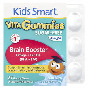 Kids Smart®, Vita Gummies, Brain Booster, без сахара, для детей от 2 лет, Tutti Frutti, 27 жевательных жевательных таблеток в Москве - eco-herb.ru | фото