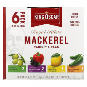 King Oscar, Royal Fillets, макрель, 6 разных пакетиков, 6 банок по 115 г (4,05 унции) - описание