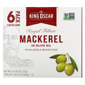 King Oscar, Royal Fillets, макрель в оливковом масле, 6 пакетиков по 115 г (4,05 унции) - описание