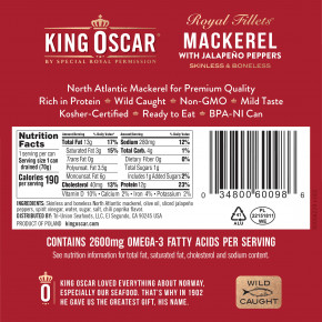 King Oscar, Royal Fillets, скумбрия с перцем халапеньо, 115 г (4,05 унции) в Москве - eco-herb.ru | фото