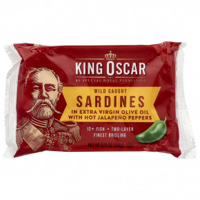 King Oscar, сардины дикого улова в нерафинированном оливковом масле высшего качества с острым перцем халапеньо, два слоя, 106 г (3,75 унции) - описание | фото