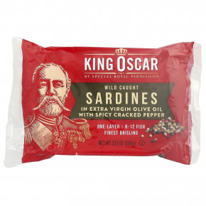 King Oscar, сардины дикого улова в нерафинированном оливковом масле высшего качества с пряным молотым перцем, в один слой, 106 г (3,75 унции) в Москве - eco-herb.ru | фото