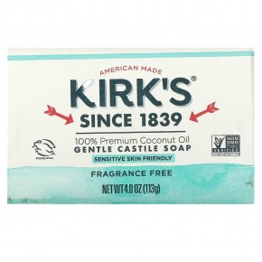 Kirk's, Нежное кастильское мыло с кокосовым маслом премиального качества, без отдушек, 113 г (4 унции) - описание