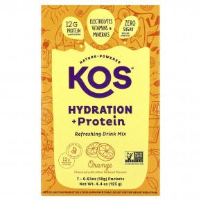 KOS, Hydration + Protein, освежающая смесь для напитков, апельсин, 7 пакетиков по 18 г (0,65 унции) - описание