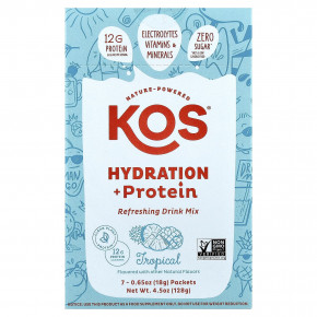 KOS, Hydration + Protein, освежающая смесь для напитков, тропические фрукты, 7 пакетиков по 18 г (0,65 унции) - описание