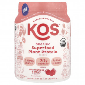 KOS, Organic Superfood Plant Protein Powder, Strawberries & Cream, 1.25 lb (570 g) - описание