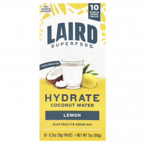 Laird Superfood, Hydrate Coconut Water, смесь для приготовления электролитов, лимон, 10 пакетиков по 9 г (0,3 унции) - описание