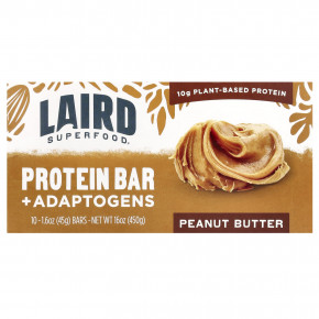 Laird Superfood, Протеиновый батончик + адаптогены, арахисовая паста, 10 батончиков по 45 г (1,6 унции) - описание | фото