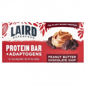 Laird Superfood, Протеиновый батончик + адаптогены, арахисовая паста с шоколадной крошкой, 10 батончиков по 45 г (1,6 унции) - описание | фото