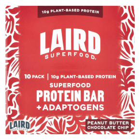 Laird Superfood, Протеиновый батончик + адаптогены, арахисовая паста с шоколадной крошкой, 10 батончиков по 45 г (1,6 унции) в Москве - eco-herb.ru | фото