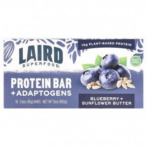 Laird Superfood, Протеиновый батончик + адаптогены, голубика и подсолнечное масло, 10 батончиков по 45 г (1,6 унции) - описание | фото