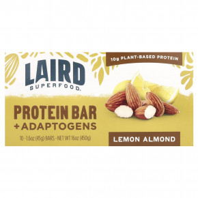Laird Superfood, Протеиновый батончик + адаптогены, лимон и миндаль, 10 пакетиков по 45 г (1,6 унции) - описание | фото
