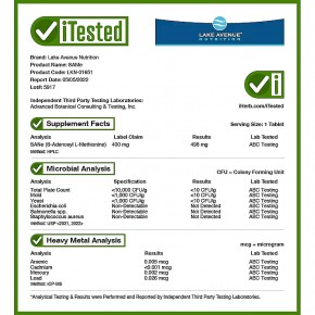 Lake Avenue Nutrition, SAMe (дисульфат тозилат), 400 мг, 60 таблеток, покрытых кишечнорастворимой оболочкой в Москве - eco-herb.ru | фото
