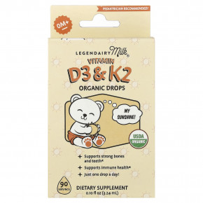 Legendairy Milk, органические капли с витаминами D3 и K2, для детей от 0 месяцев, 3,24 мл (0,1 жидк. унции) - описание | фото