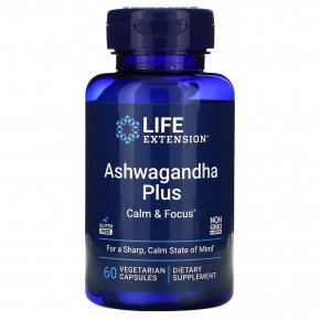 Life Extension, Ashwagandha Plus, 60 вегетарианских капсул - описание | фото