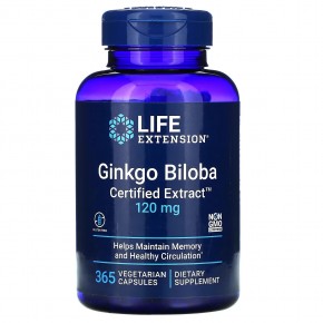 Life Extension, Ginkgo Biloba, Certified Extract, гинкго билоба, сертифицированный экстракт, 120 мг, 365 вегетарианских капсул в Москве - eco-herb.ru | фото