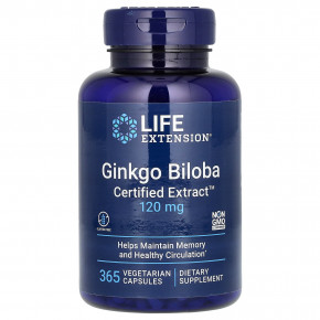 Life Extension, Ginkgo Biloba, Certified Extract, гинкго билоба, сертифицированный экстракт, 120 мг, 365 вегетарианских капсул - описание | фото