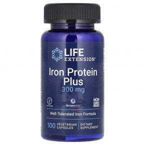 Life Extension, Iron Protein Plus, IronAid, железо плюс белок, 300 мг, 100 растительных капсул - описание | фото