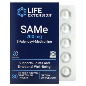 Life Extension, SAMe, S-аденозилметионин, 200 мг, 30 вегетарианских таблеток, покрытых кишечнорастворимой оболочкой - описание