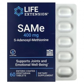 Life Extension, SAMe, S-аденозилметионин, 400 мг, 60 вегетарианских таблеток, покрытых кишечнорастворимой оболочкой в Москве - eco-herb.ru | фото