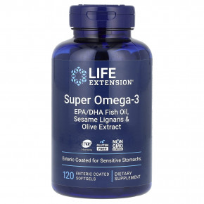 Life Extension, Super Omega-3, рыбий жир с ЭПК и ДГК, 120 капсул, покрытых кишечнорастворимой оболочкой в Москве - eco-herb.ru | фото