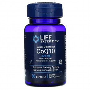 Life Extension, Super Ubiquinol CoQ10 с улучшенной поддержкой митохондрий, 200 мг, 30 гелевых капсул - описание