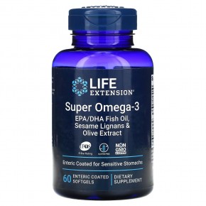 Life Extension, Super Omega-3, рыбий жир с ЭПК и ДГК, лигнанами кунжута и экстрактом оливы, 60 капсул, покрытых кишечнорастворимой оболочкой - описание